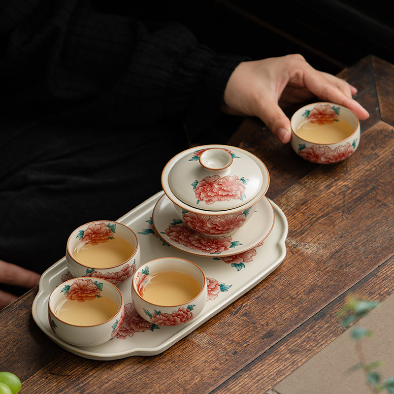 汝窯牡丹花三才蓋碗茶杯套組