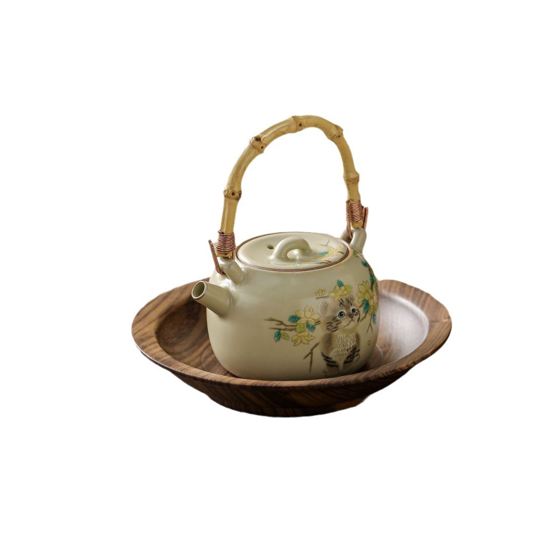 米黃汝窯貓咪提梁壺