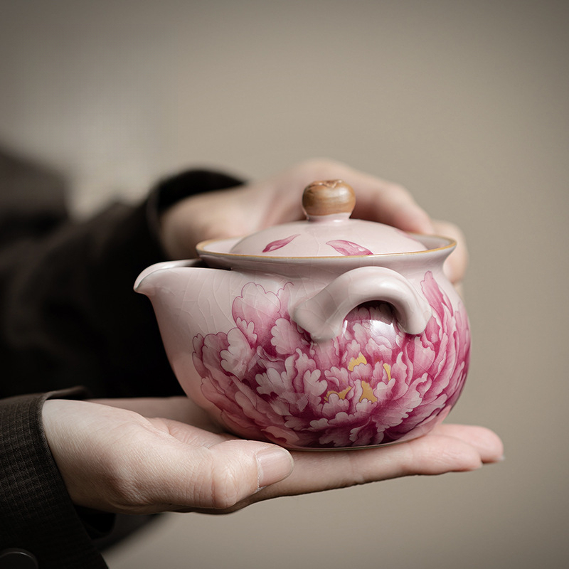 粉色汝窯牡丹寶瓶手抓壺