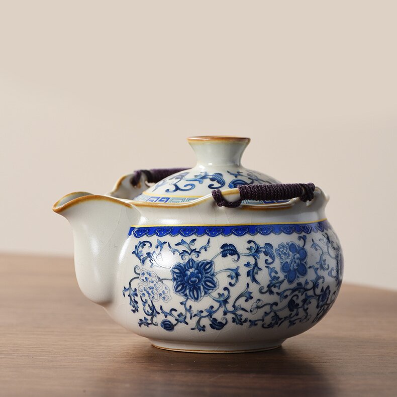 Ancient Blue & Beige Ruyao Travel Tea Set - Portable One Pot with Three Cups, Outdoor Ceramic Teapot with Intertwining Lotus Design