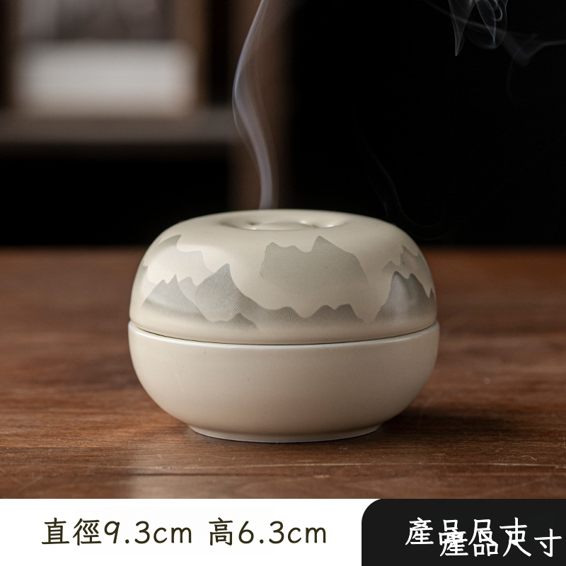 草木灰手繪山水陶瓷香爐室內擺件