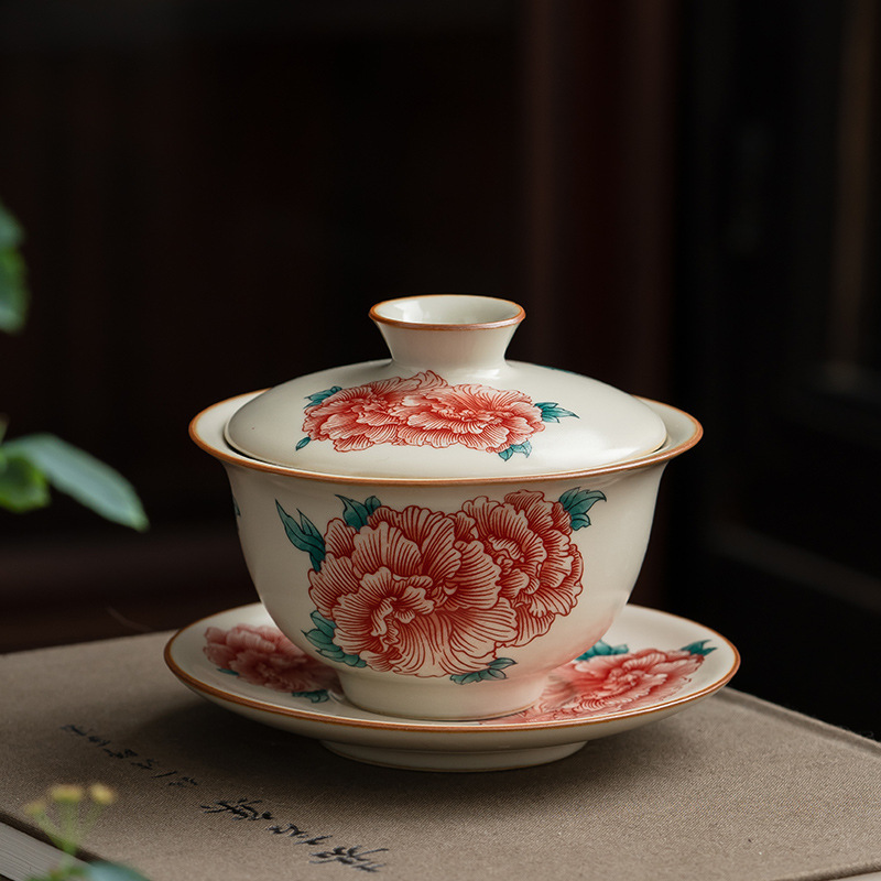 汝窯牡丹花三才蓋碗茶杯