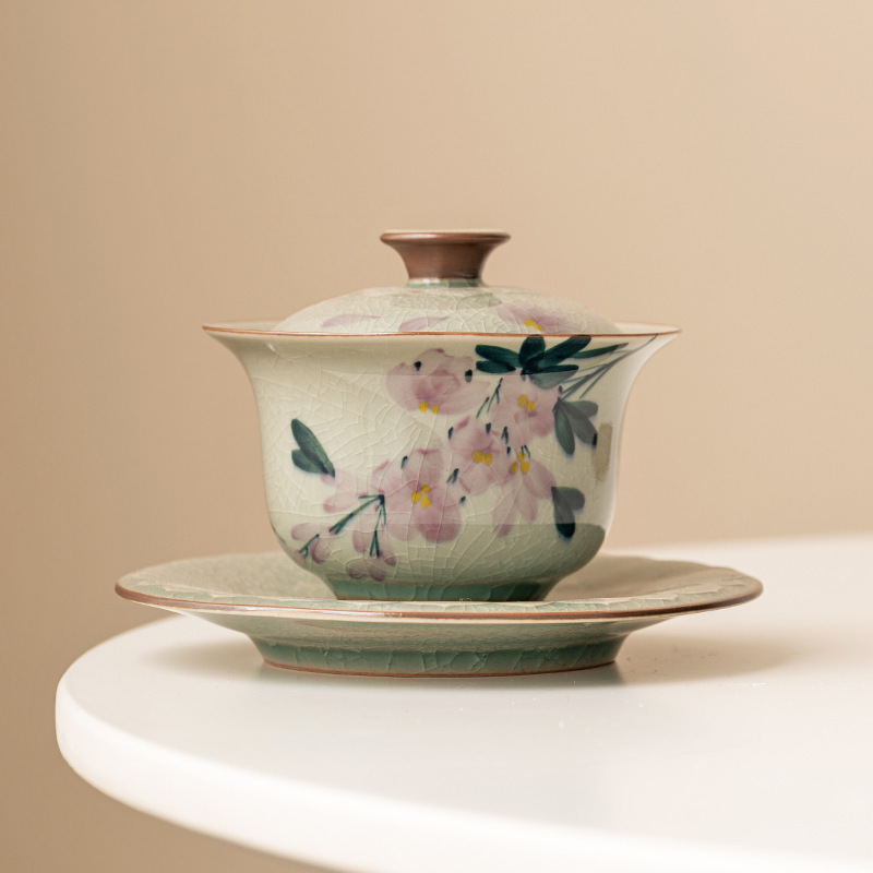 冰片純手繪玉蘭花蓋碗