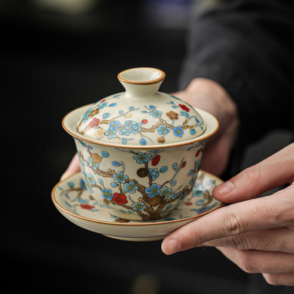 汝窯金梅復古青花三才蓋碗