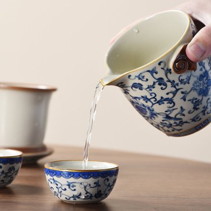 Ancient Blue & Beige Ruyao Travel Tea Set - Portable One Pot with Three Cups, Outdoor Ceramic Teapot with Intertwining Lotus Design