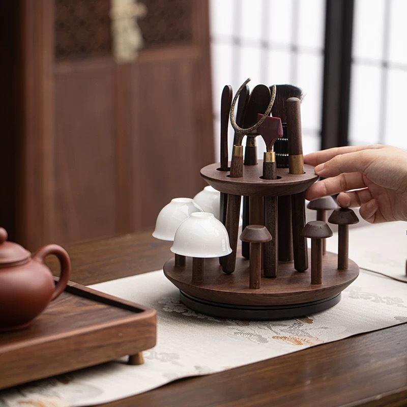 胡桃木茶道六君子旋轉杯架