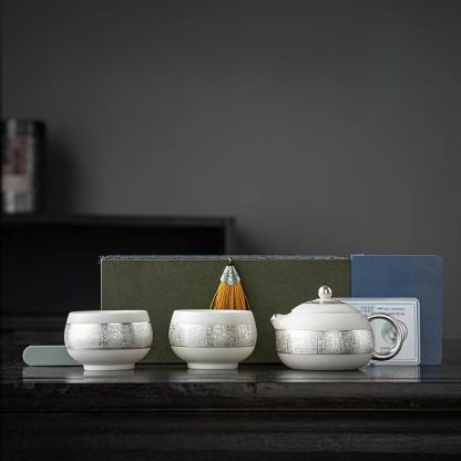 羊脂玉鎏銀百福西施壺主人杯