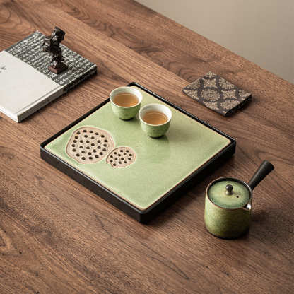 窯變星空翠綠復古茶盤