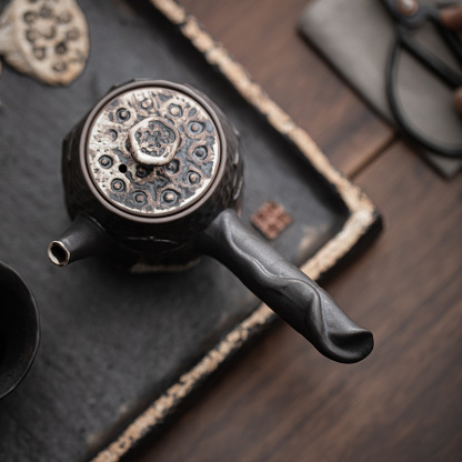 侘寂風粗陶側把壺