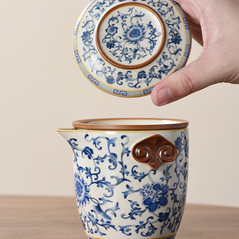 Ancient Blue & Beige Ruyao Travel Tea Set - Portable One Pot with Three Cups, Outdoor Ceramic Teapot with Intertwining Lotus Design