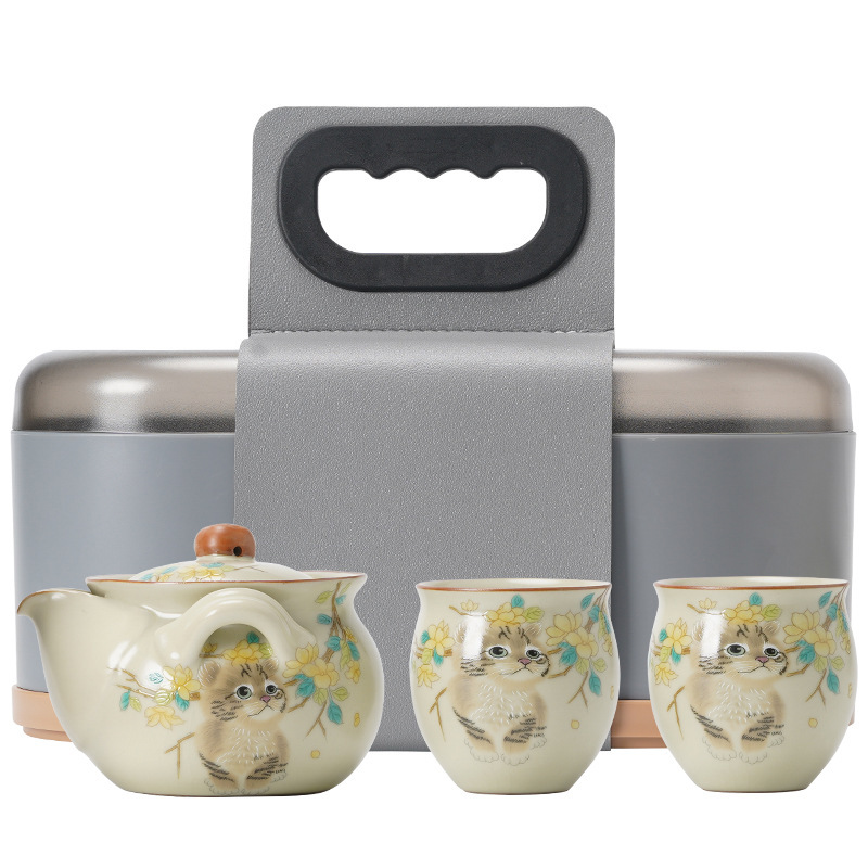 萌貓旅行茶具套裝戶外露營功夫茶手抓壺一壺二杯