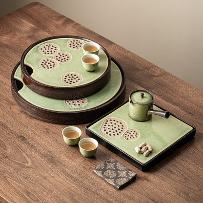 窯變星空翠綠復古茶盤