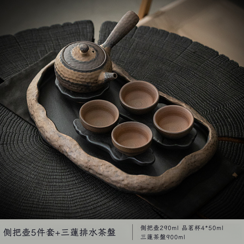 粗陶鎏金荷塘幹泡禪意茶盤