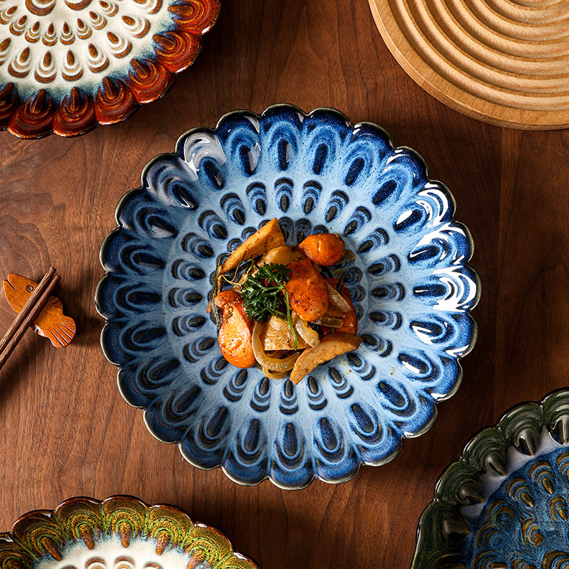 日式窯變陶瓷花瓣盤