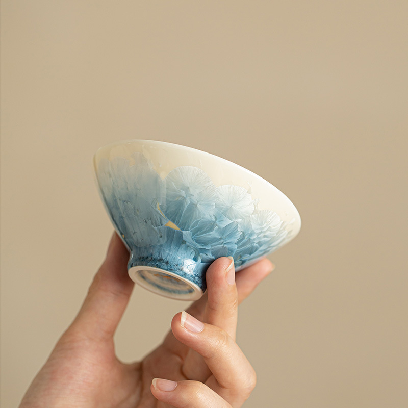 天藍冰花結晶釉斗笠杯
