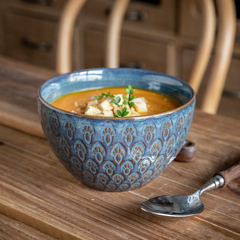 復古孔雀紋浮雕飯碗