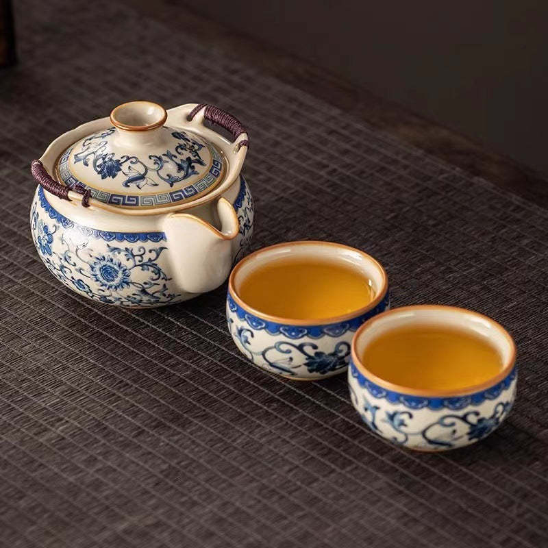 Ancient Blue & Beige Ruyao Travel Tea Set - Portable One Pot with Three Cups, Outdoor Ceramic Teapot with Intertwining Lotus Design
