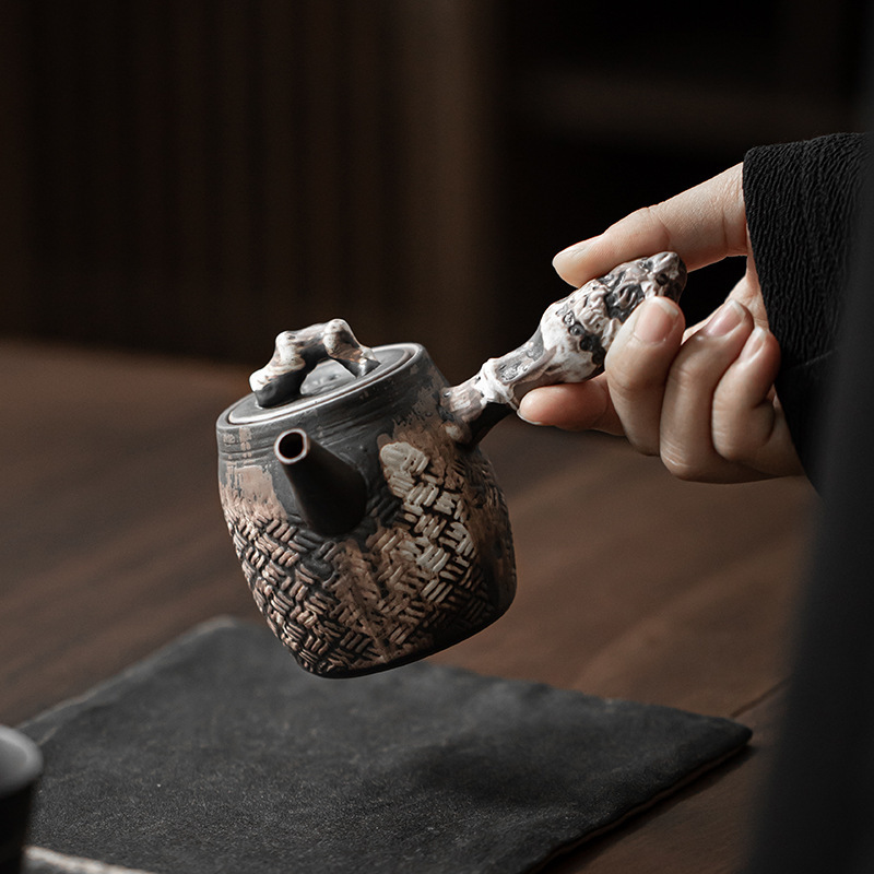 侘寂風粗陶側把壺