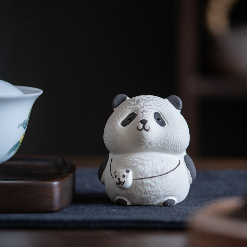 紫砂茶寵 手工白段泥茶道小熊貓擺件