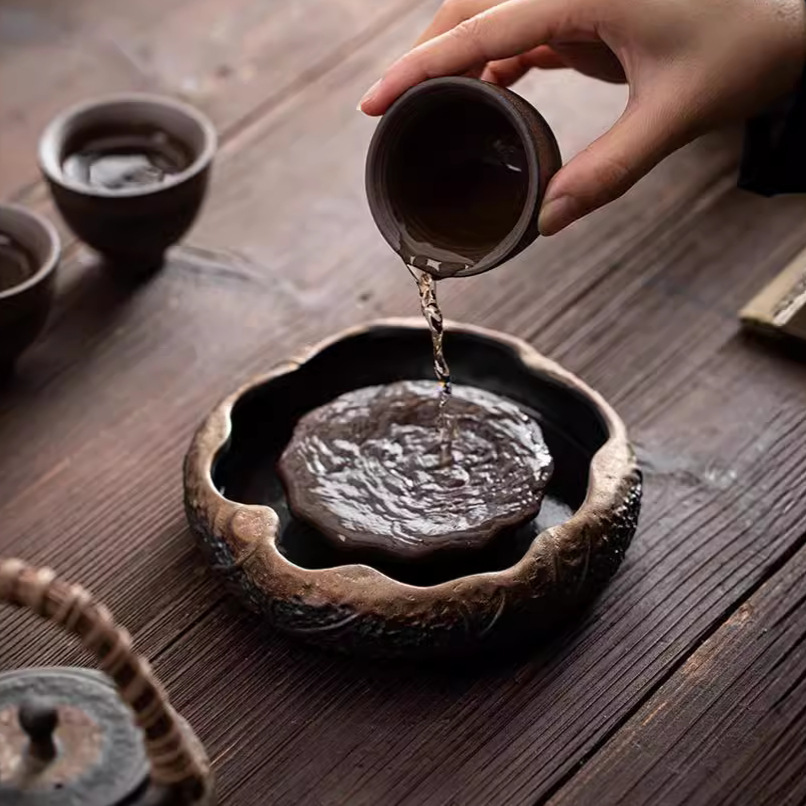 粗陶鎏金荷塘幹泡禪意茶盤