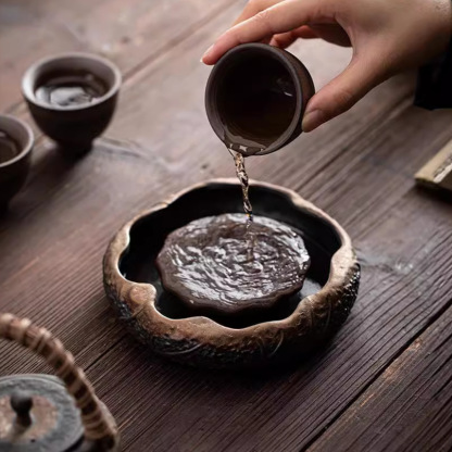 粗陶鎏金荷塘幹泡禪意茶盤