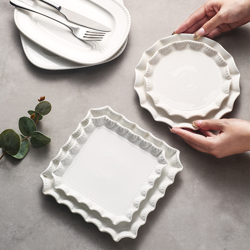 北歐風純白陶瓷花邊圓盤方盤
