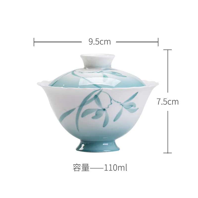 玉泥手繪蘭花漸變藍手繪花口蓋碗