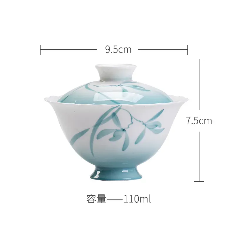 玉泥手繪蘭花漸變藍手繪花口蓋碗