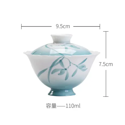 玉泥手繪蘭花漸變藍手繪花口蓋碗