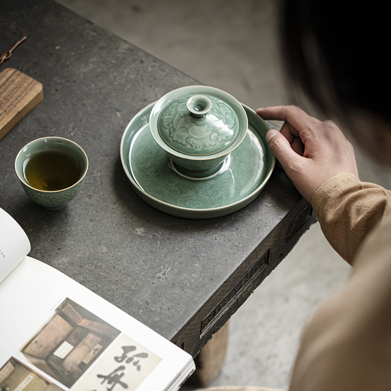 越窯梅子青瓷蓋碗茶具套裝伴手禮