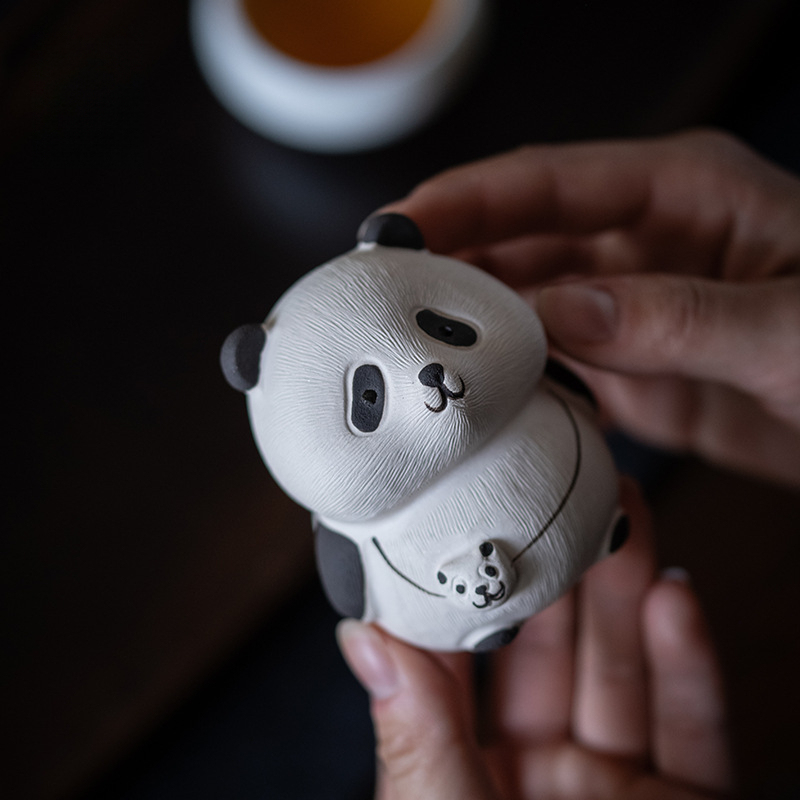 紫砂茶寵 手工白段泥茶道小熊貓擺件