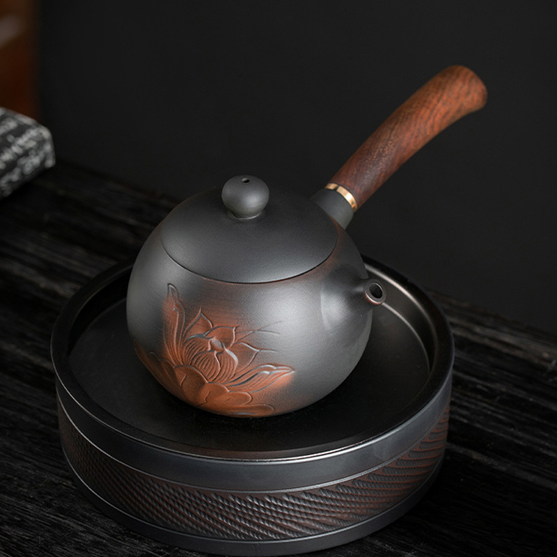 紫陶荷花側把壺