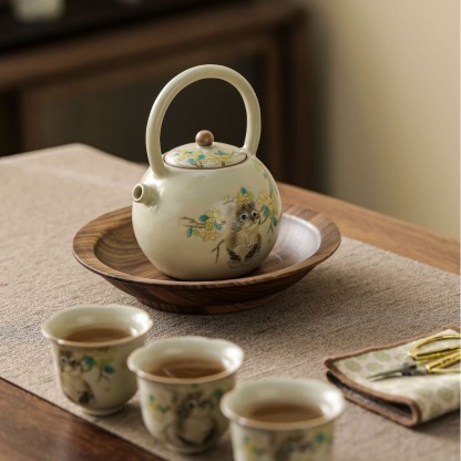 汝窯萌貓瓷把提梁壺