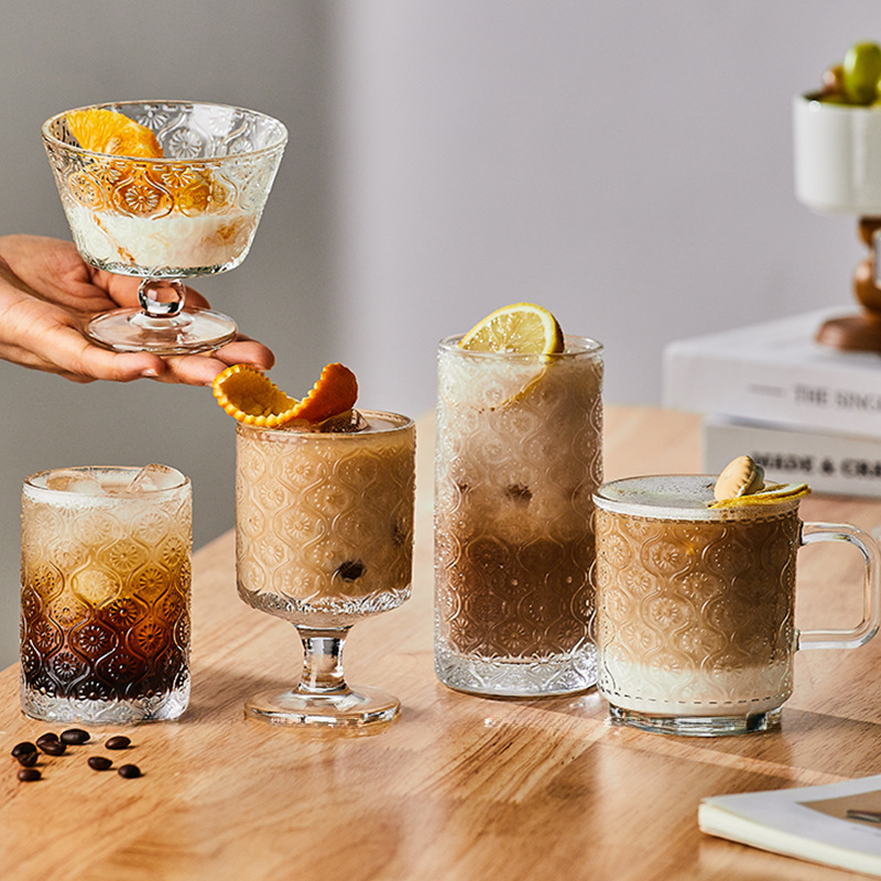 復古浮雕海棠花玻璃杯