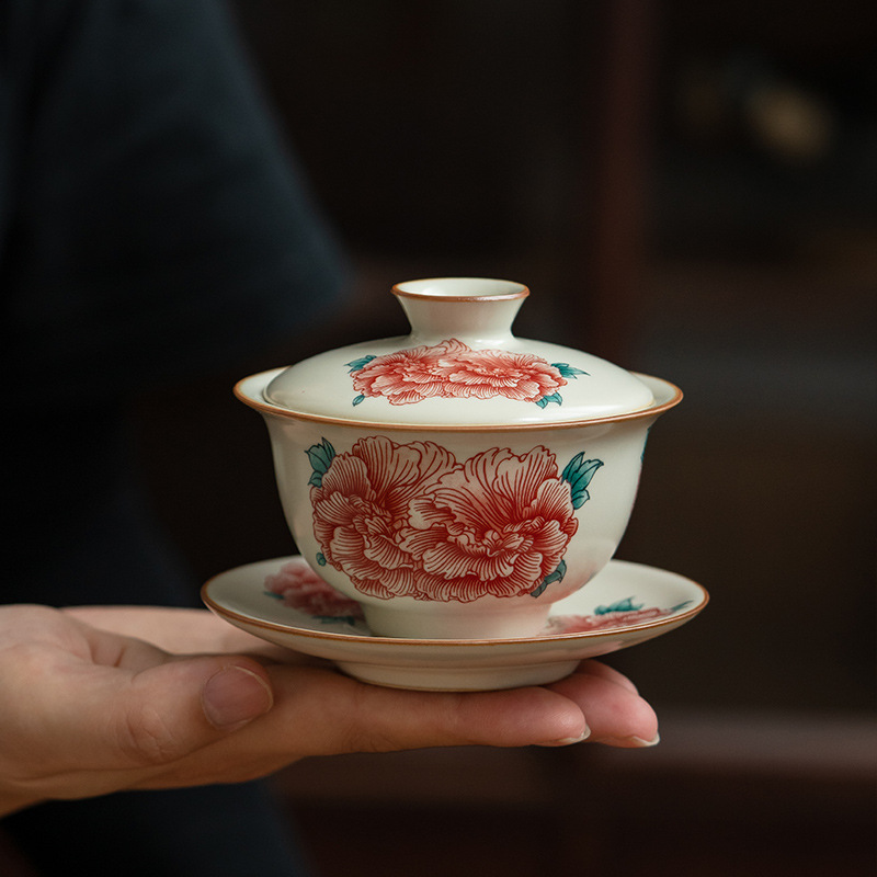 汝窯牡丹花三才蓋碗茶杯