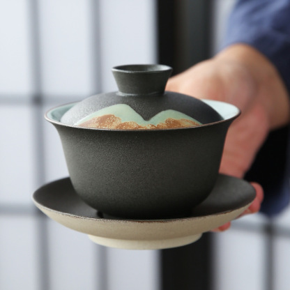 日式手繪陶瓷三才蓋碗