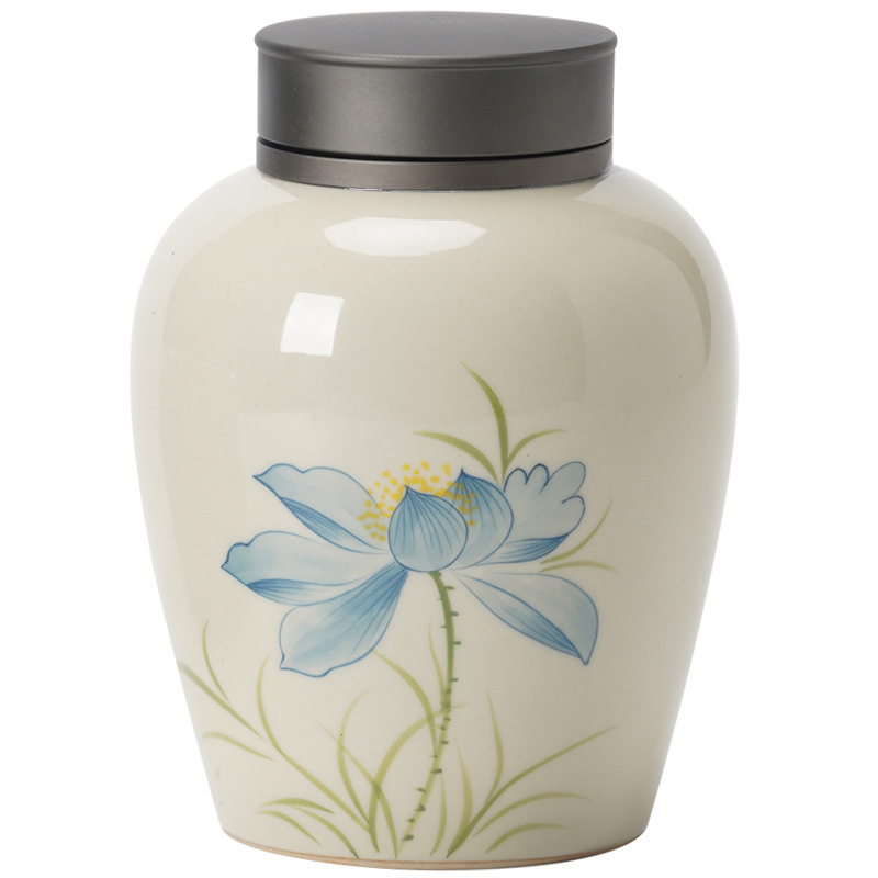 草木灰藍荷花茶葉罐