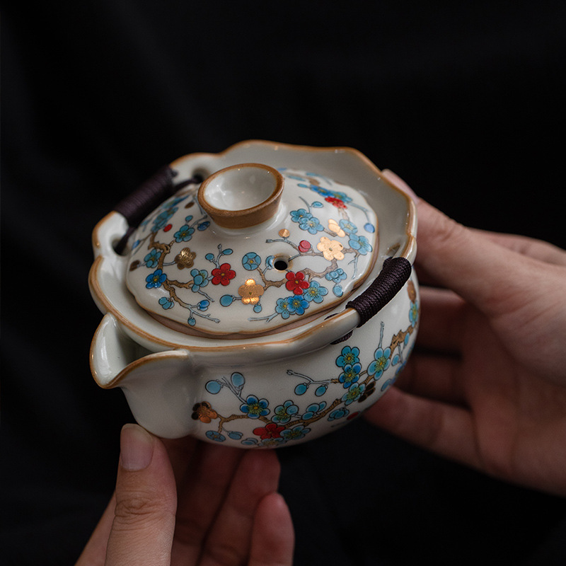 金梅汝窯手抓壺琺瑯彩陶瓷