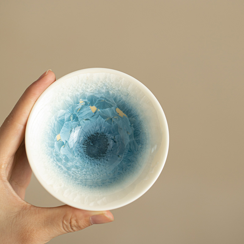 天藍冰花結晶釉斗笠杯