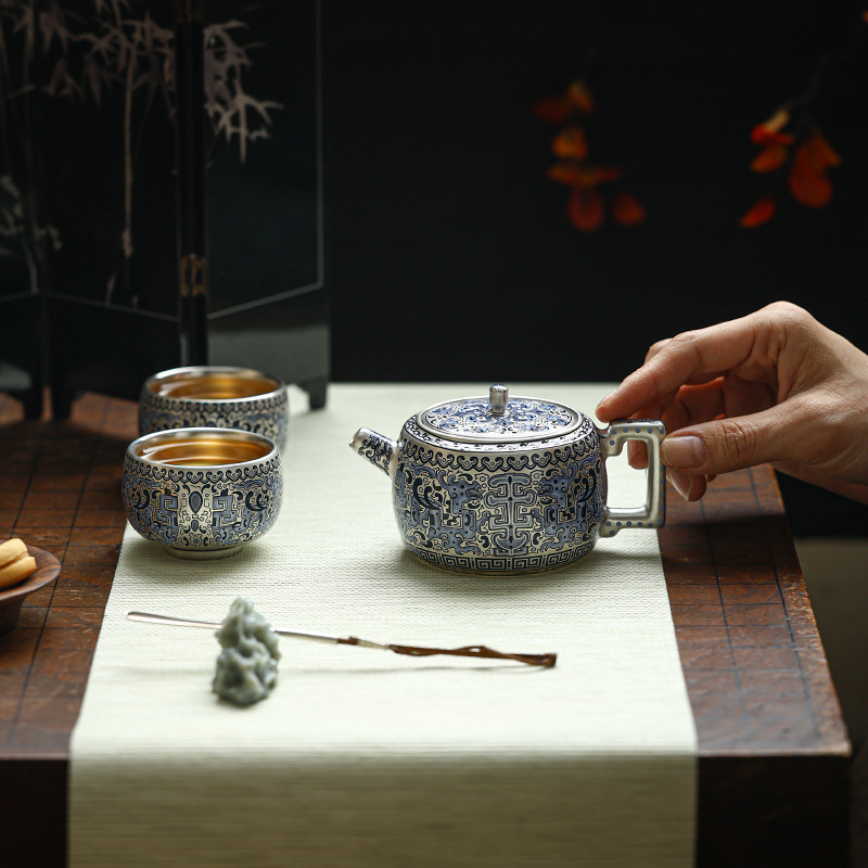 金銀錯高檔純手工鎏銀復古泡茶壺