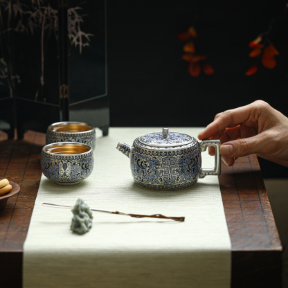 金銀錯高檔純手工鎏銀復古泡茶壺
