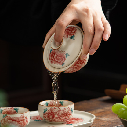 汝窯牡丹花三才蓋碗茶杯