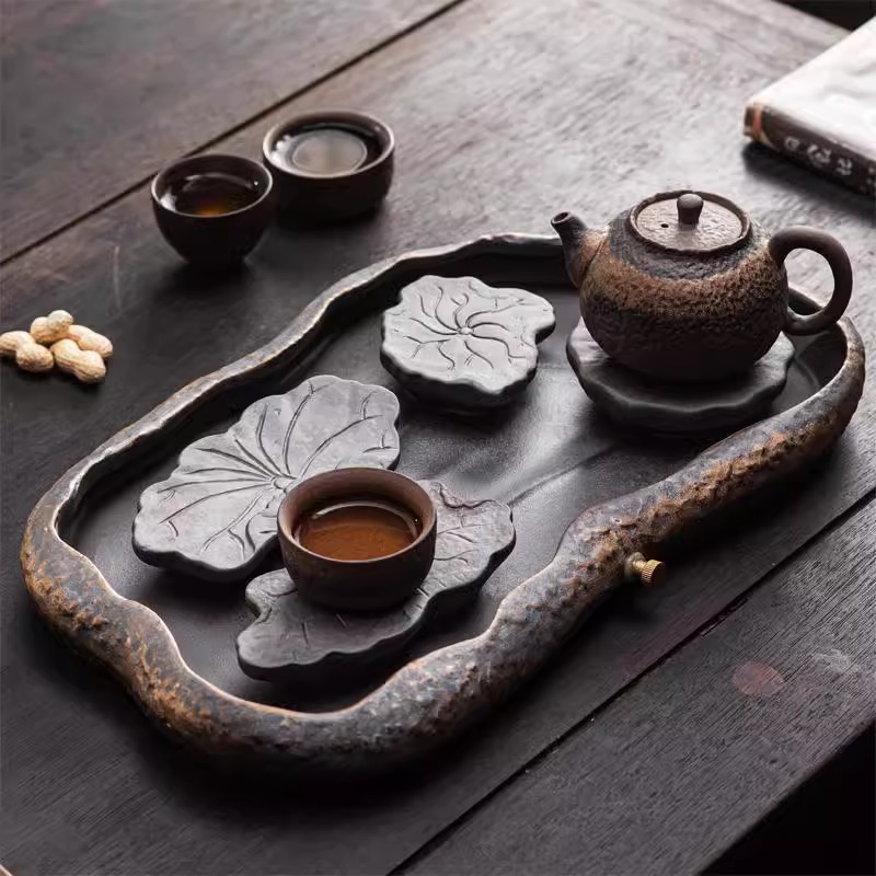 粗陶鎏金荷塘幹泡禪意茶盤