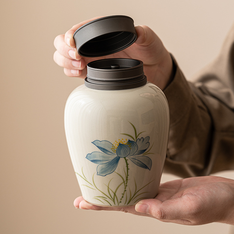 草木灰藍荷花茶葉罐