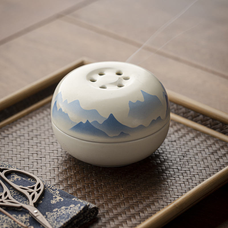 草木灰手繪山水陶瓷香爐室內擺件