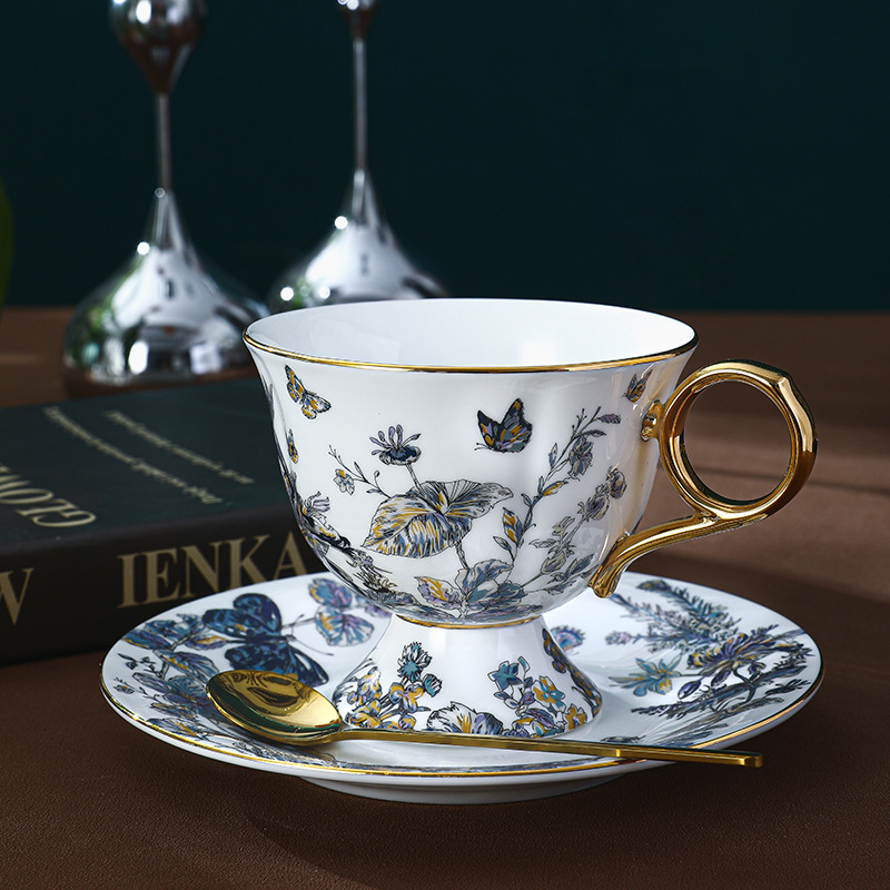 復古高腳設計歐式骨瓷咖啡杯碟套裝