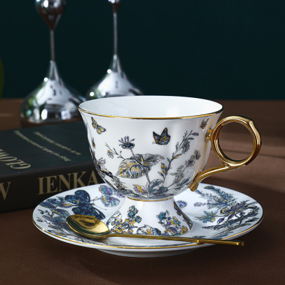 復古高腳設計歐式骨瓷咖啡杯碟套裝