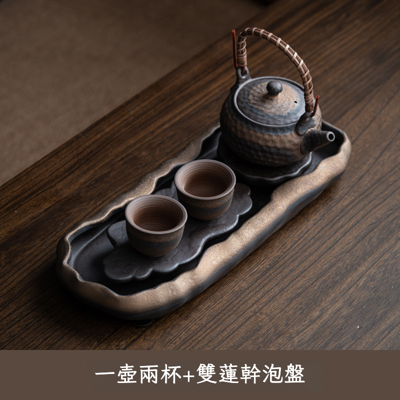 粗陶鎏金荷塘幹泡禪意茶盤