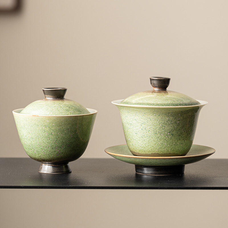 窯變星空翠綠復古三才蓋碗