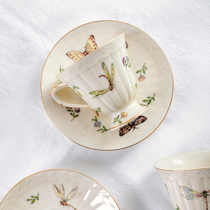 歐式昆蟲圖案陶瓷咖啡杯碟套裝